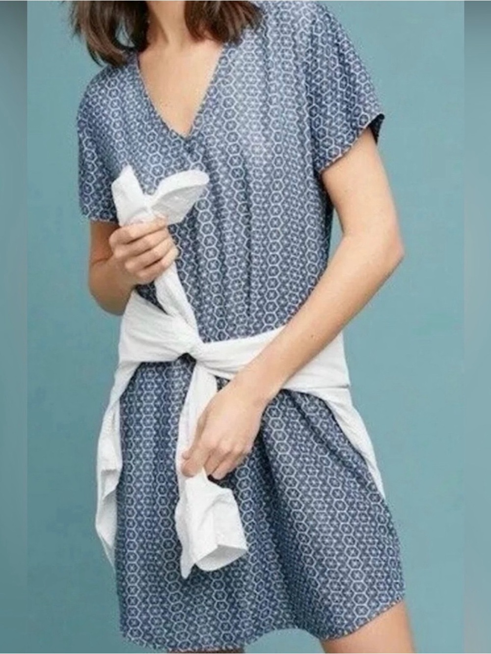 Cloth & Stone Anthropologie Blue Geometric Chambray T-Shirt Dress M
